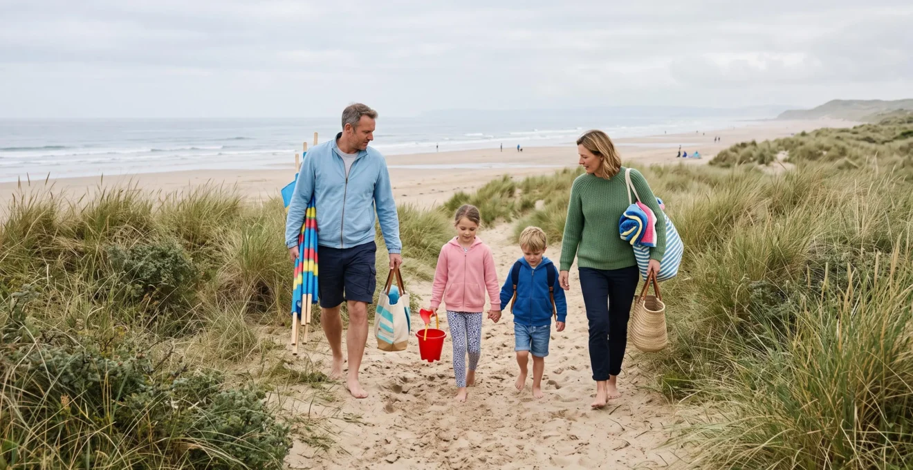 A family walks with beach gear along a sandy dune path toward a wide beach.