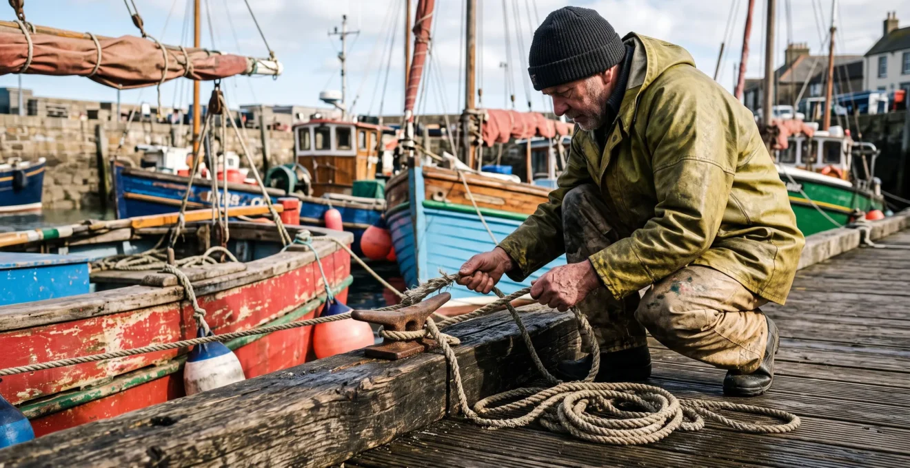 A fisherman checks a mooring line beside wooden boats in a small harbour.