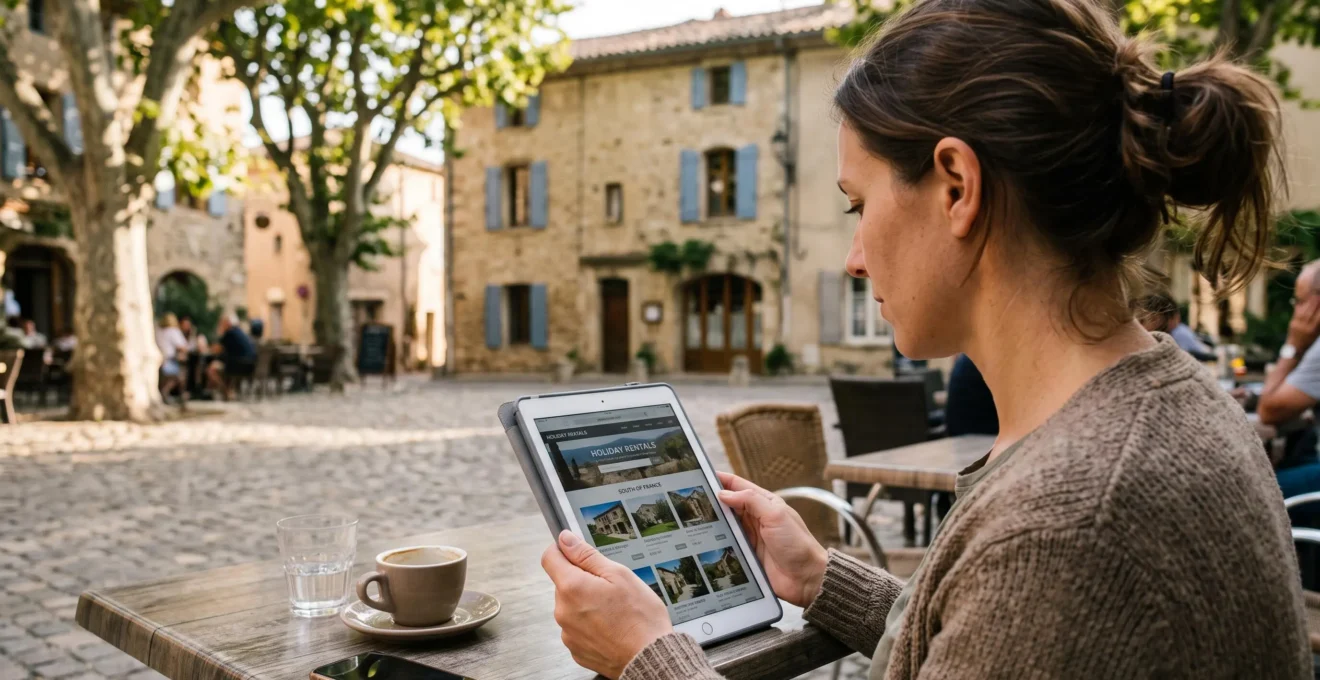 A woman compares holiday rentals on a tablet at a café terrace table.